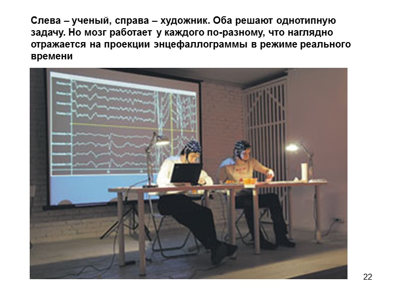 22 Слева – ученый, справа – художник. Оба решают однотипную задачу. Но мозг работает